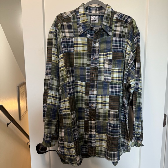 Brooks Brothers Vintage Y2K Patchwork Cotton Shirt Long Sleeve Green‎ Blue Plaid - Picture 1 of 6